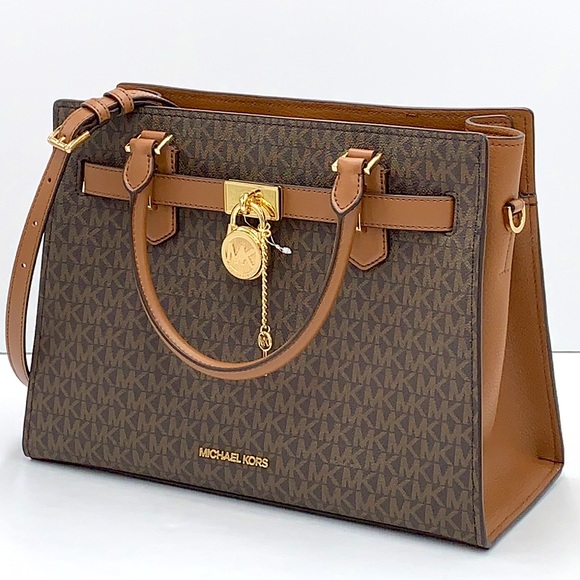 Michael Kors Hamilton Med Satchel Shoulder Crossbody Bag luggage/Brown Signature - Picture 3 of 16